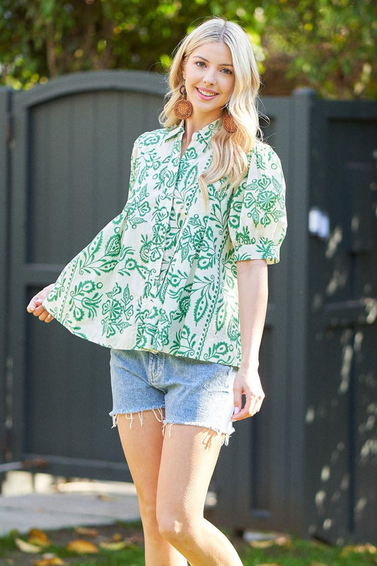 Green Printed Short Puff Sleeve Blouse with Pintuck Detail by Gigio