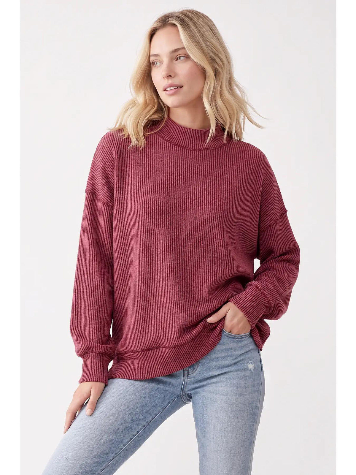 Burgundy Oversized Ribbed Mock Neck Sweater by 7th Ray - T6514