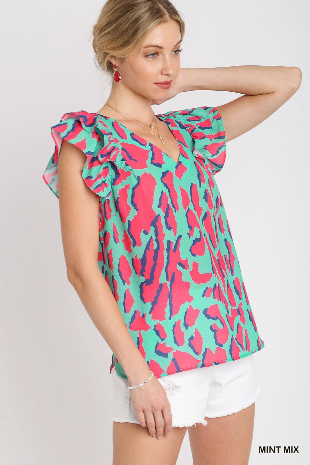 Mint Mixed Abstract V-Neck Top by Umgee