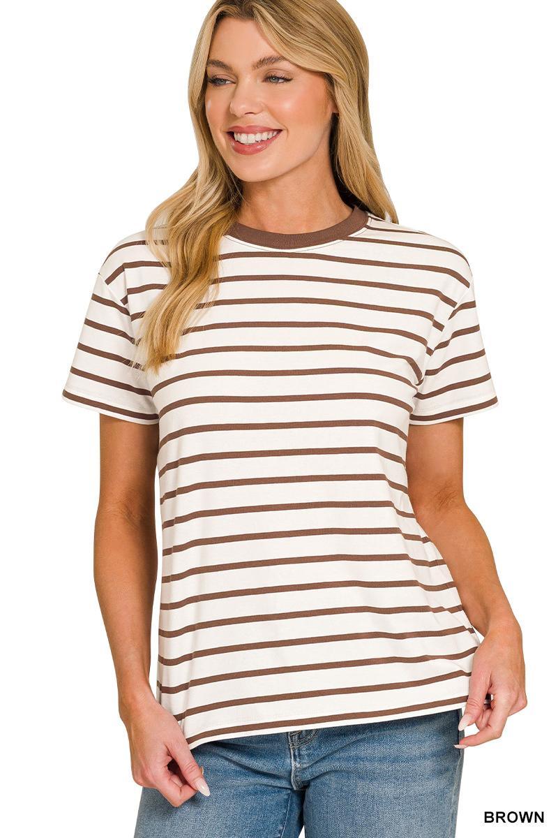 Striped Crew Neck Relaxed Fit Tee - Available in Black, Brown, Coral, Hot Pink and Green