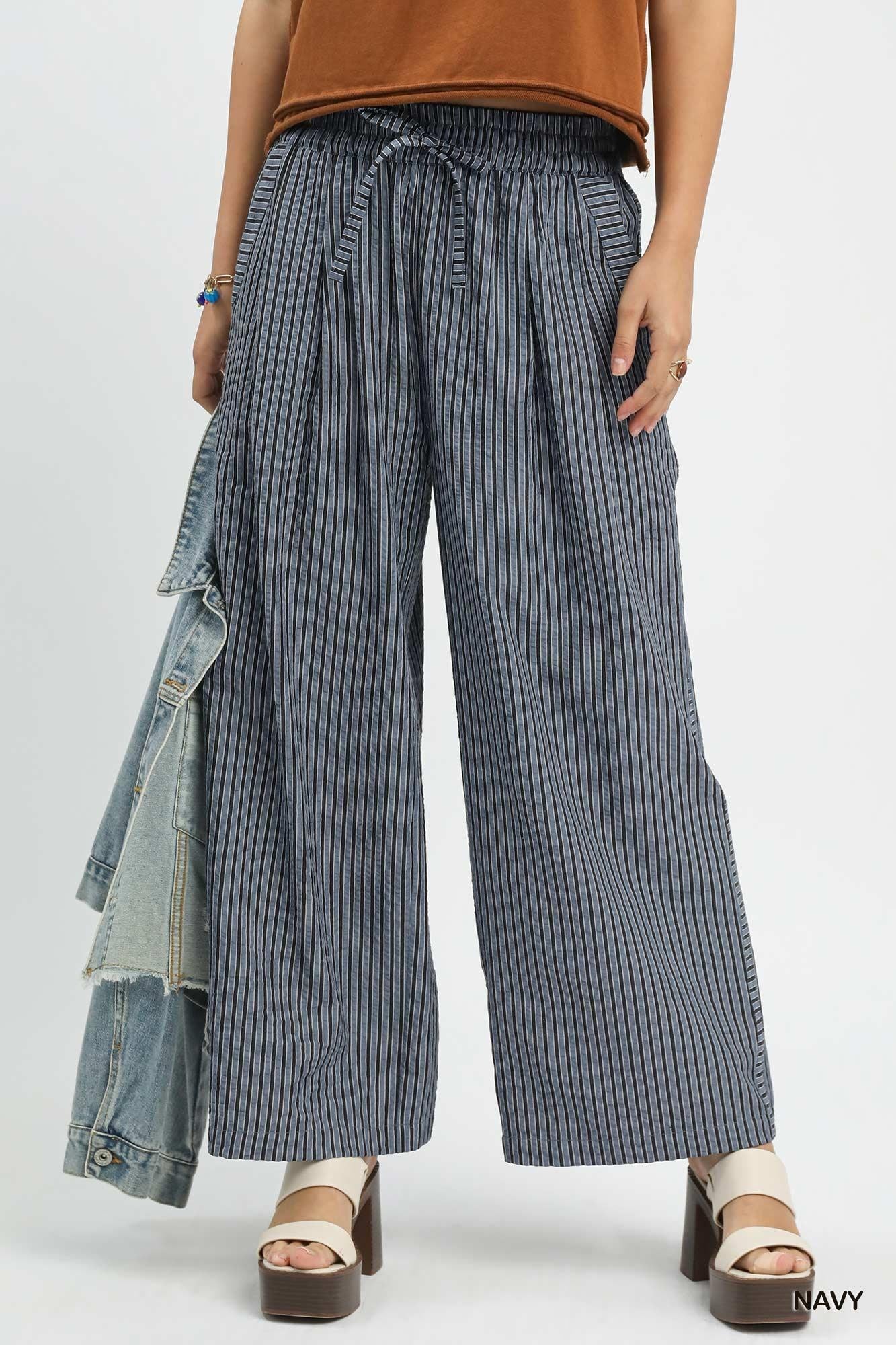 Navy Striped Wide-Leg Pants