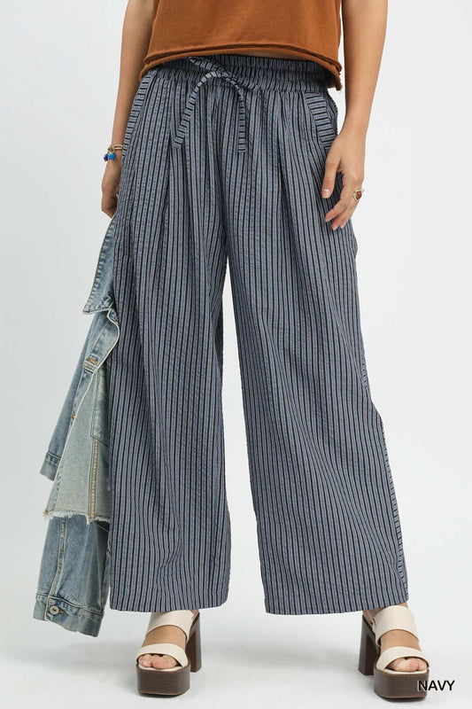 Navy Striped Wide-Leg Pants