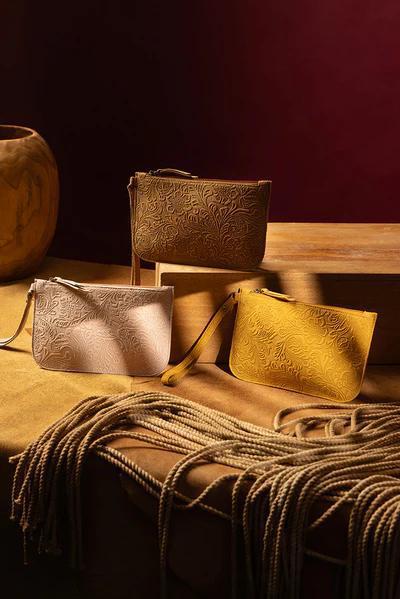 Beige Heritage Scroll Clutch Bag