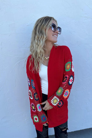 Red Crochet Sleeve Cardigan by Blakeley - One Size