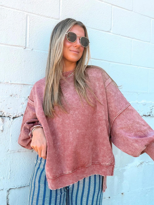 Dark Rust Oversized Acid Wash Batwing Sleeve Sweatshirt by Zenana