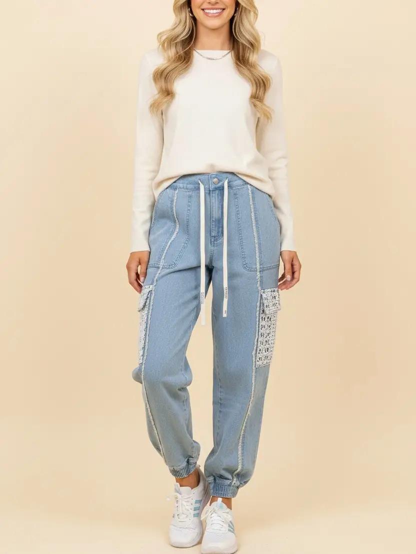 Denim Lace Pocket Drawstring Jogger Pants by Heimish