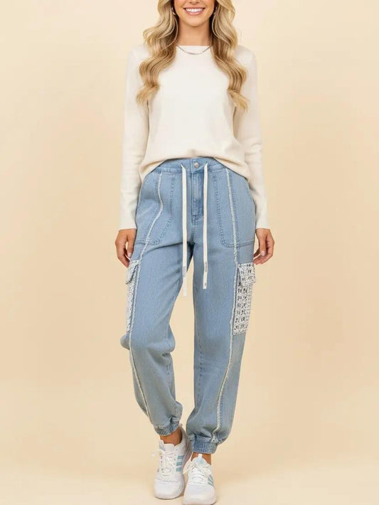 Denim Lace Pocket Drawstring Jogger Pants by Heimish