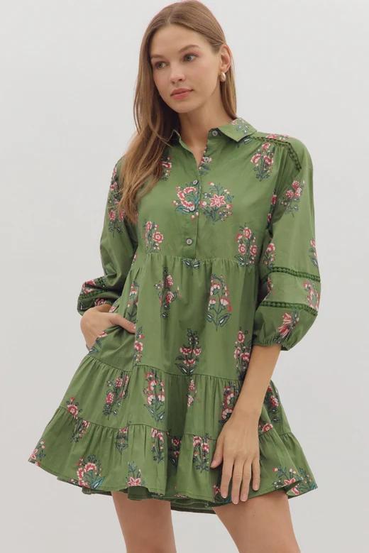 Olive Green Floral Print 3/4 Sleeve Tiered Mini Dress by Entro