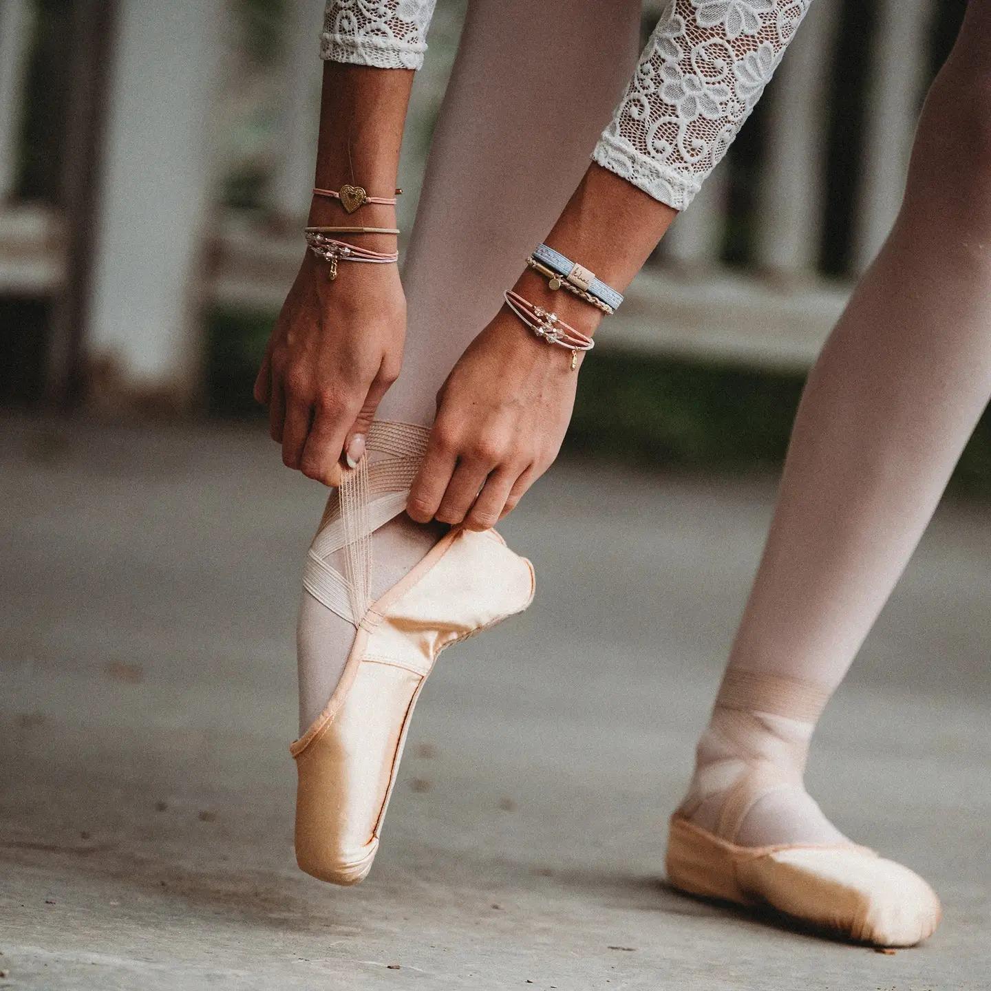 "Releve" Pink Floral With Ballet Slipper Hair Tie Bracelets