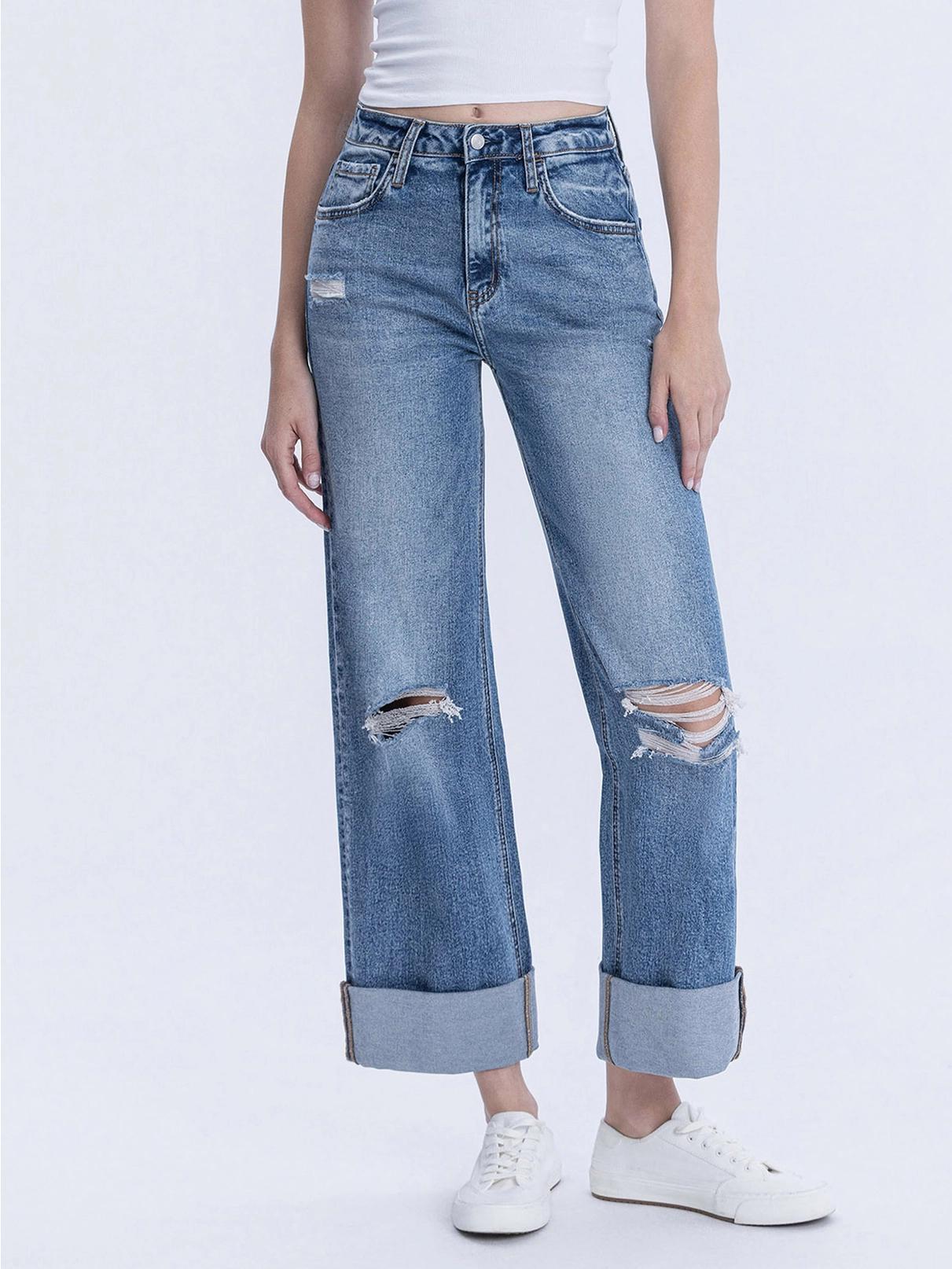 Super High Rise Double Cuffed Baggy Wide Jeans by Vervet  - Style # LV1459