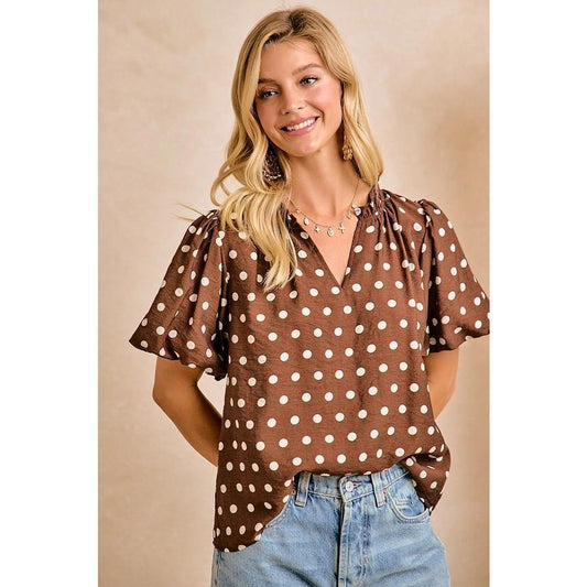Polka Dot Printed Woven Ruffled V Neck Top by BiBi