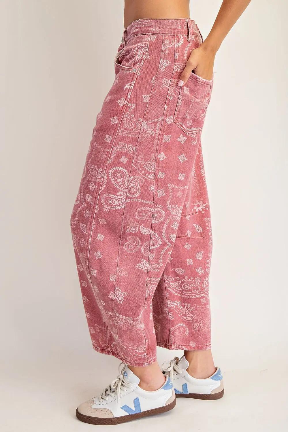 Dusty Rose Bandana Mineral Washed Paisley Printed Barrel Jeans by ee:some