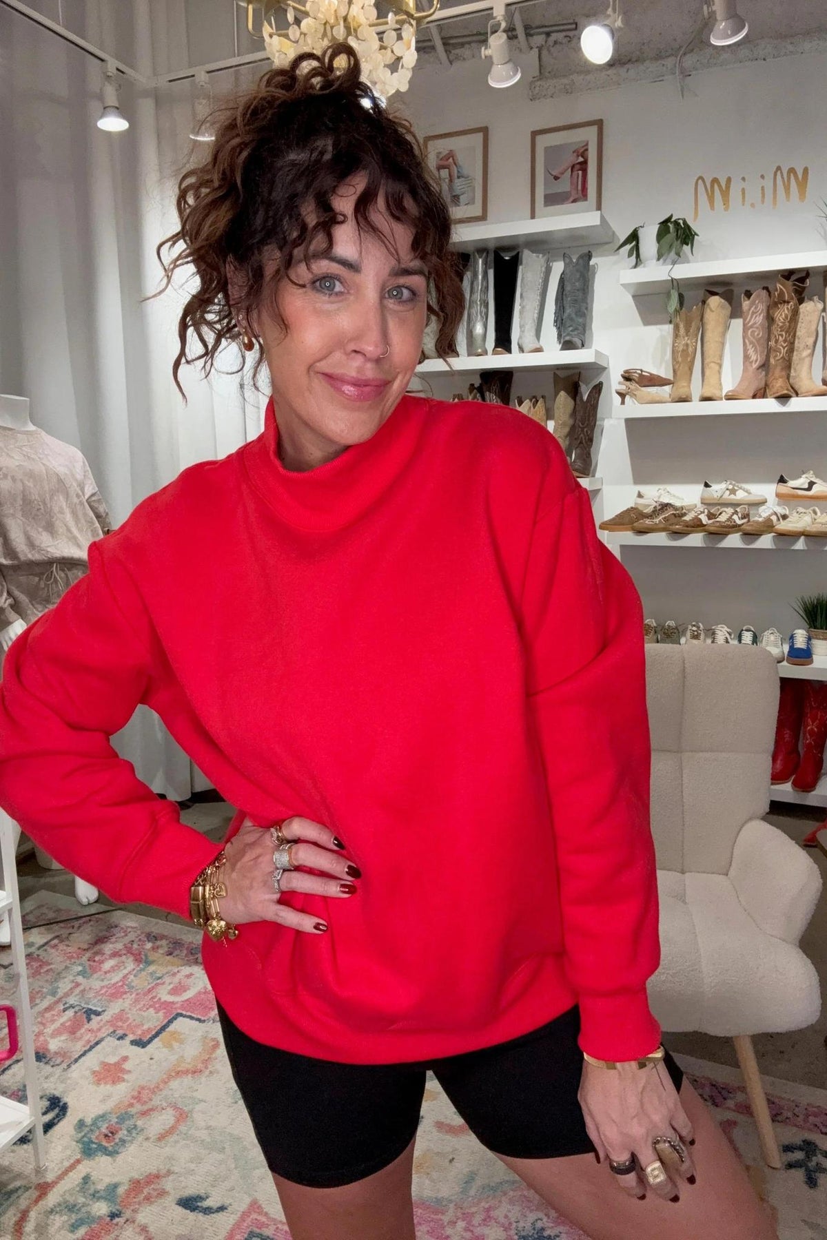 Red Mock Neck Fleece Sweatshirt by Moon Ryder