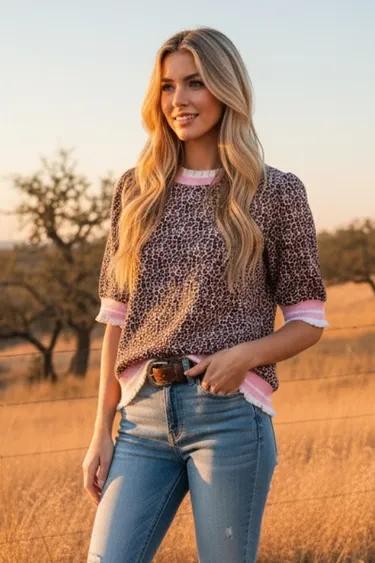 Leopard Print Knit Top with Pink & White Contrast Trim