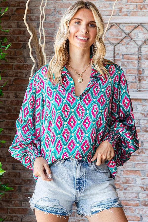 Teal & Pink Abstract Relaxed Fit Satin Blouse Top by First Love