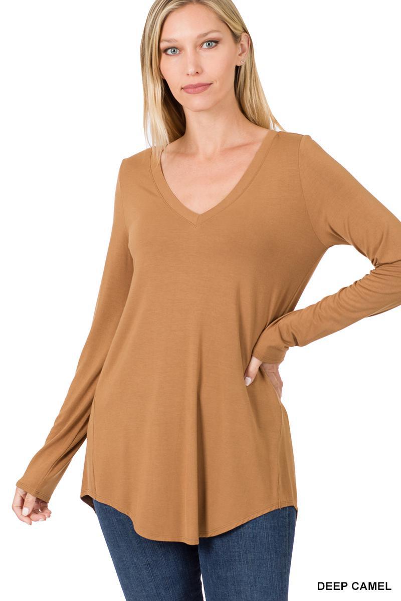 Deep Camel Long Sleeve Perfectly Simple V-Neck Knit Top
