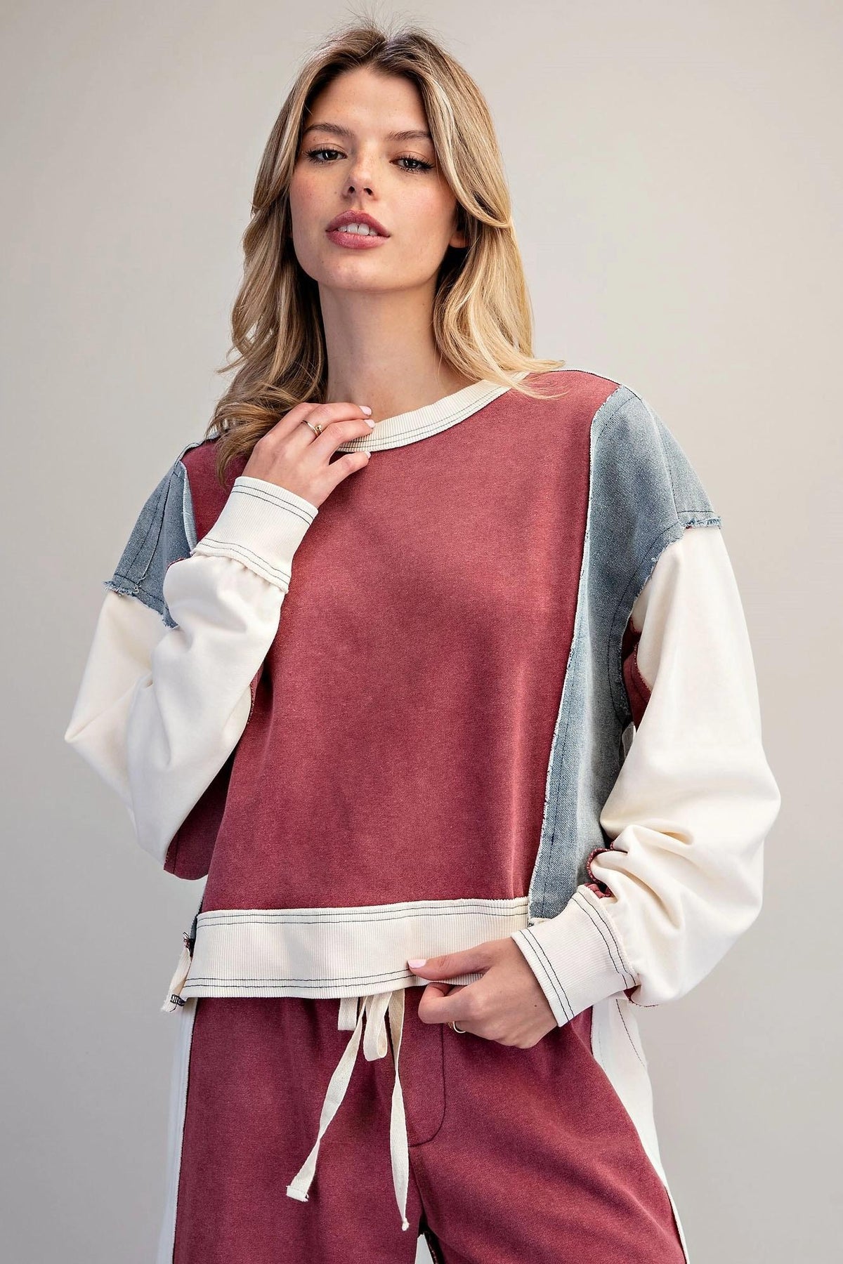Red Bean Frayed Color block Long Sleeve Pullover & Drawstring Pants by ee:some