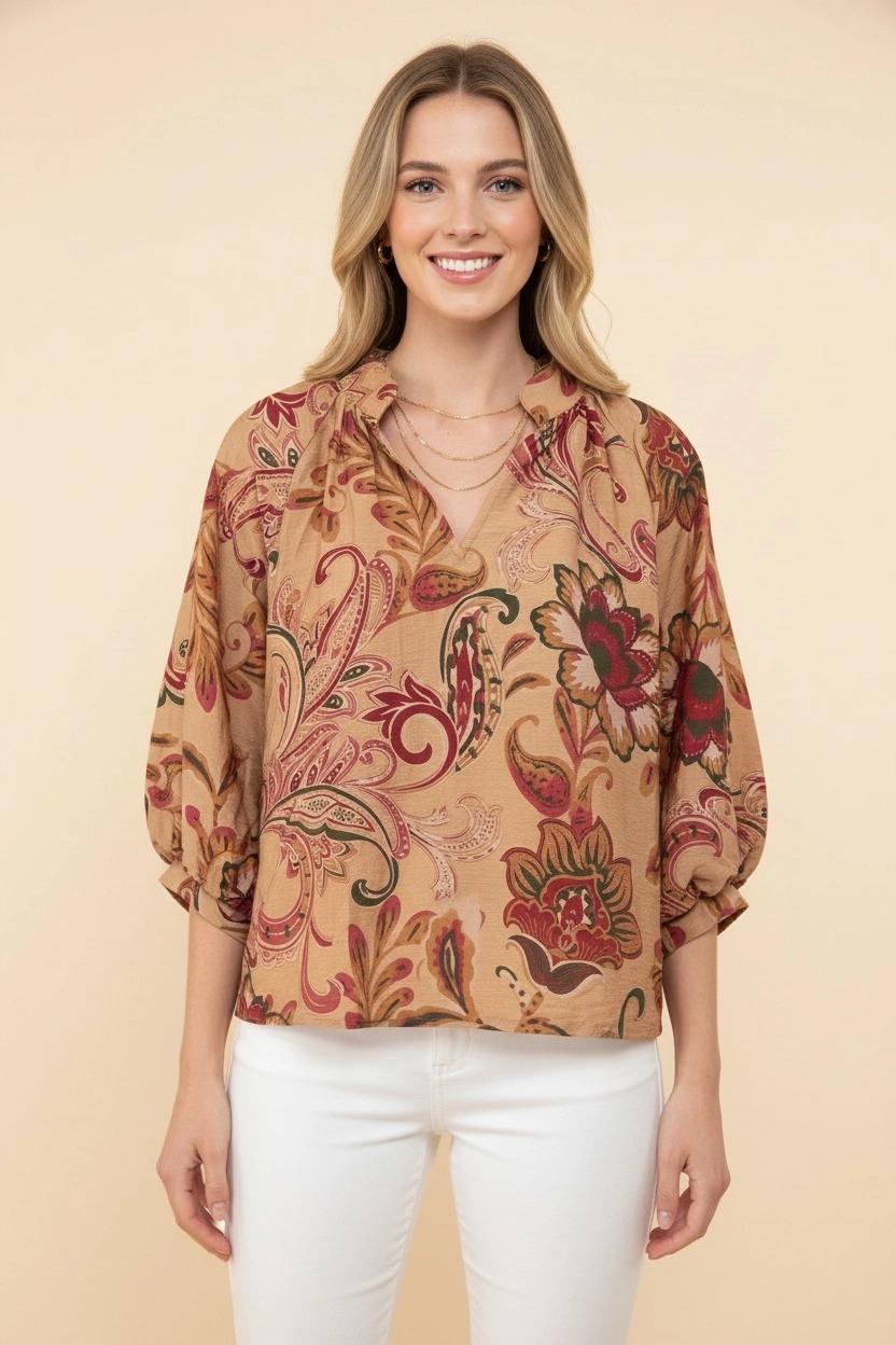 Paisley Print V-Neck Balloon Sleeve Top by Heimish