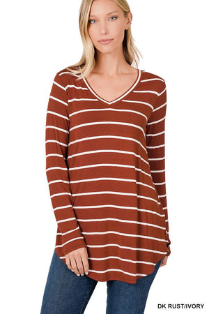 Rust Striped Long Sleeve V-Neck Knit Top