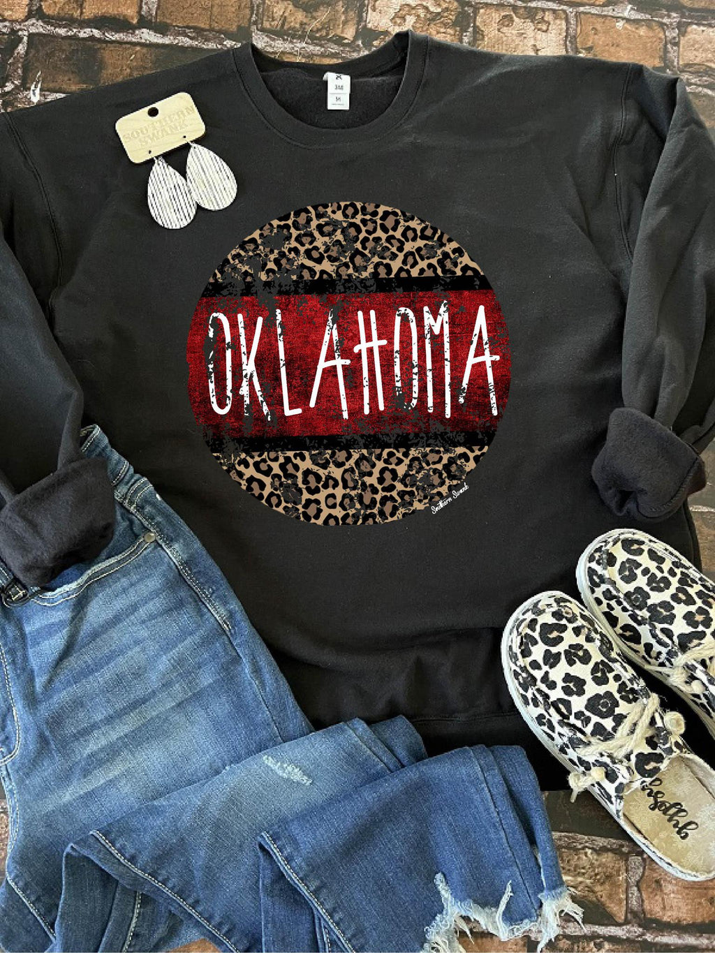 Oklahoma Leopard Circle- Crimson Sweatshirt